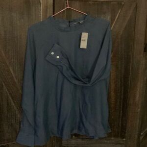 LOFT Navy Button-Cuff Blouse